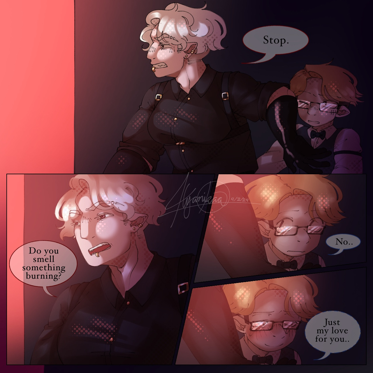 a three 4 comic. In the first image, Agent Diamond says "Stop." while blocking Agent Atlas from walking further. In the second panel Agent Diamond says "Do you smell something burning?" in the third and fourth panel shows a close up of Atlas's face, saying "No.." followed by "Just my love for you.." with a blushing face.*