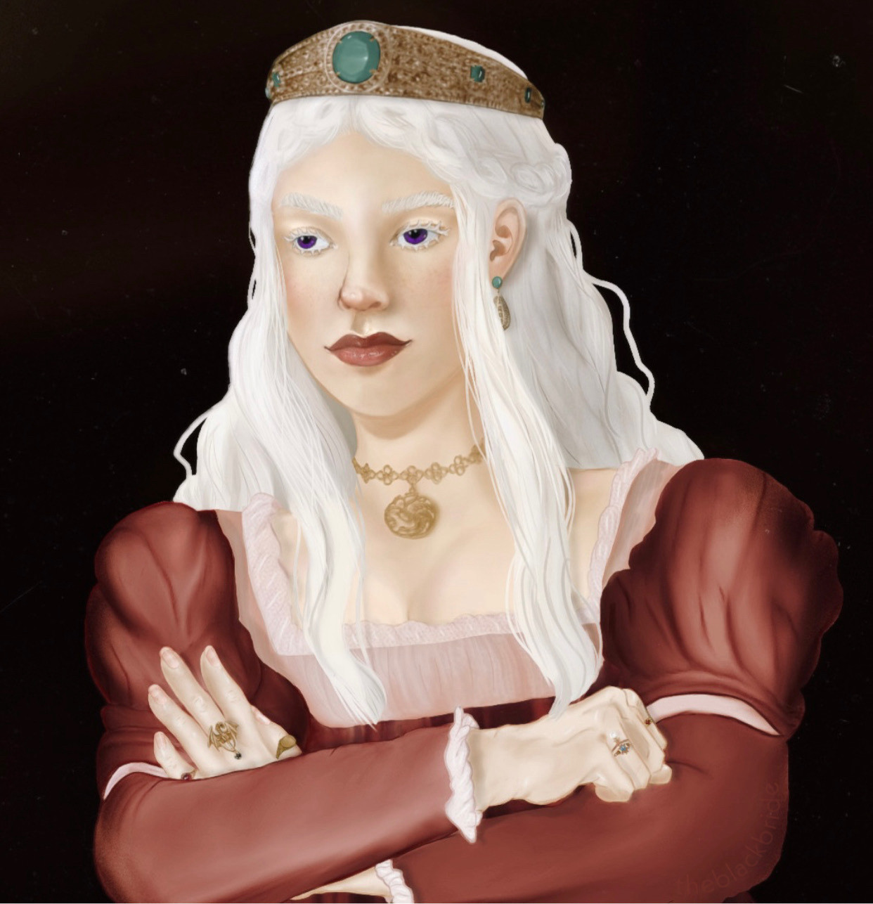 drawing of Rhaenyra Targaryen, aka the realm’s delight, the black queen, the dragon queen, princess of dragonstone, the pretender, the half-year queen, wearing a red dress and gold jewelry