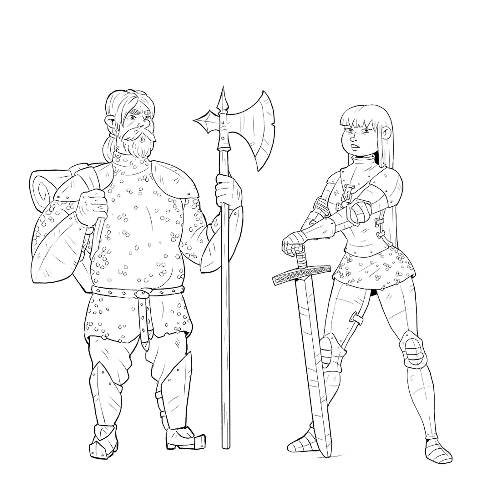 Illustration of two warriors: a stout man with a chainmail hauberk and a halberd, and a woman with a sword and full plate armour.