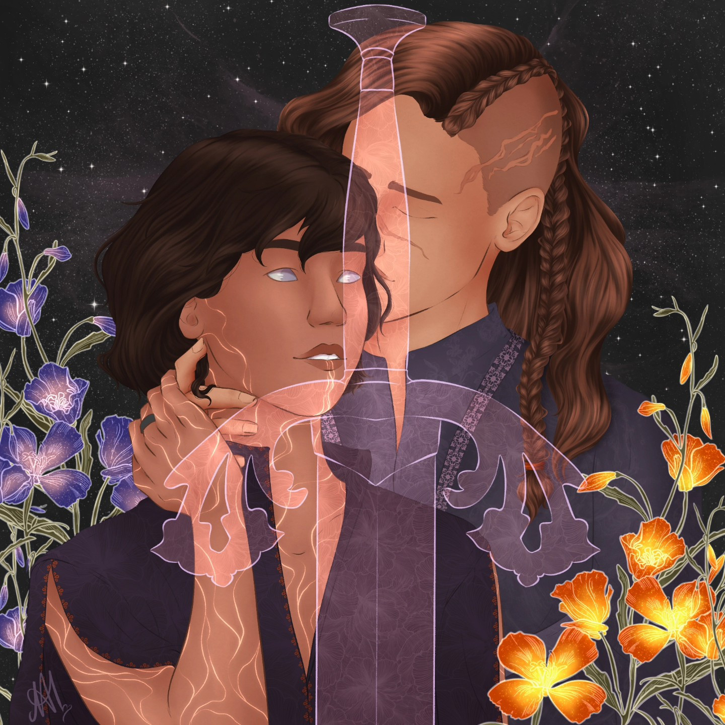 Digital illustration of Kye and Jude from the book 'Name Her Holy' by Aubrey Ennis. Jude is behind Kye, pressing a kiss to the side of her head and holding her gently with her right hand. They are surrounded by purple and gold flowers with the night sky behind them and an overlay of a pink, floral, sword in front of them.