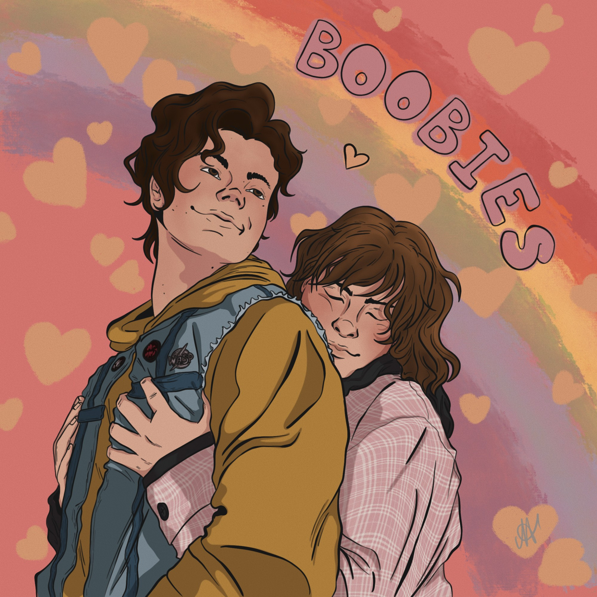 Digital illustration of Steve Harrington and Robin Buckley from Stranger Things on a rainbow background. Robin is hugging Steve from behind, grabbing his chest. The text reads "boobies"