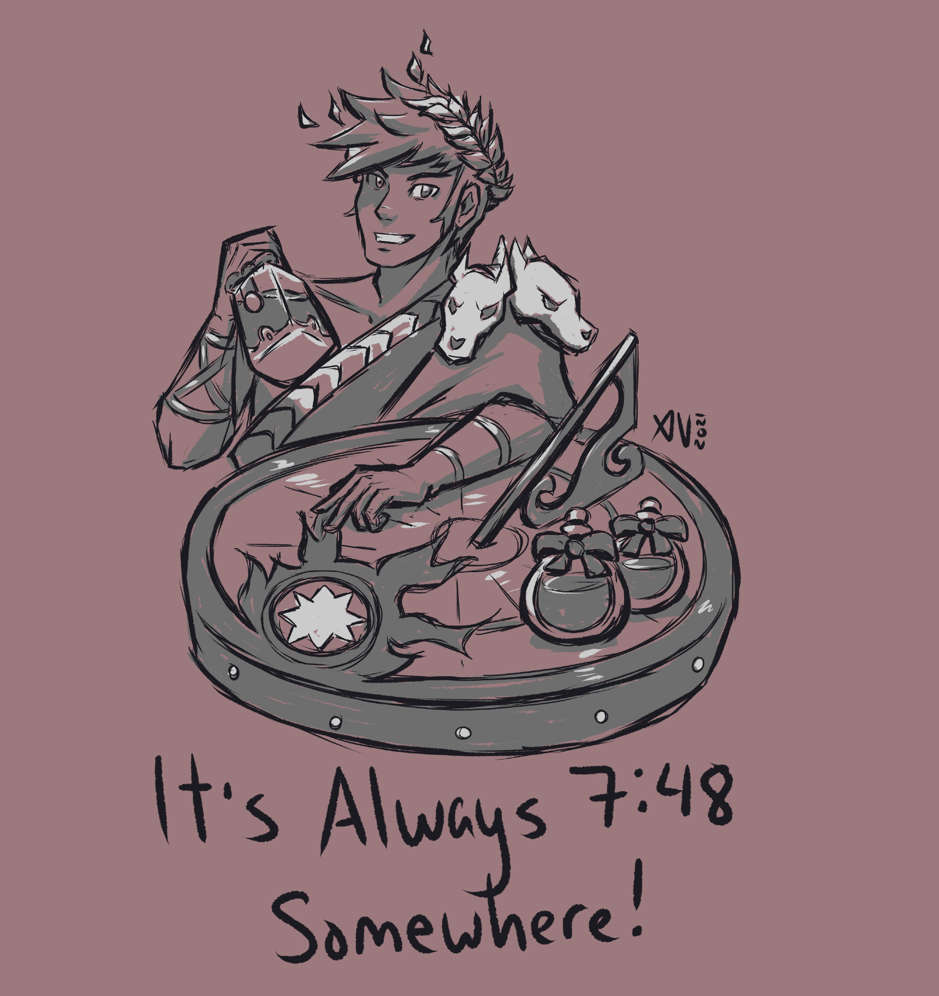 Zagreus from Supergiant Games Hades is at the sundial with ambrosia and nectar. He hold an ambrosia in his right hand and smiles at the viewer. Below the sketch says "It's Always 7:48 Somewhere!"