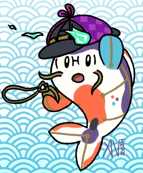 Koipanion wearing a fancy, Bettelion/Bettel colored deerstalker hat with a sea green flame, holding a pocket watch. The Koipanion's body has purple, orange, and black spots, dots of purple, orange, and blue, black lines looking like glasses, and golden lines like a Magmite. The background is a Japanese scale pattern in a light blue gradient over a white background. The Koipanion looks surprised and holds onto his hat while being pushed along from left to right