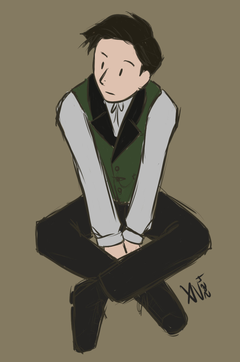 Sherlock Holmes from Frogwares Sherlock Holmes the Awakened 2023 sitting cross-legged on the ground, partially hunched over and looking to the left. He wears a green waistcoat, white long sleeves shirt, and black pants. He is just a little guy