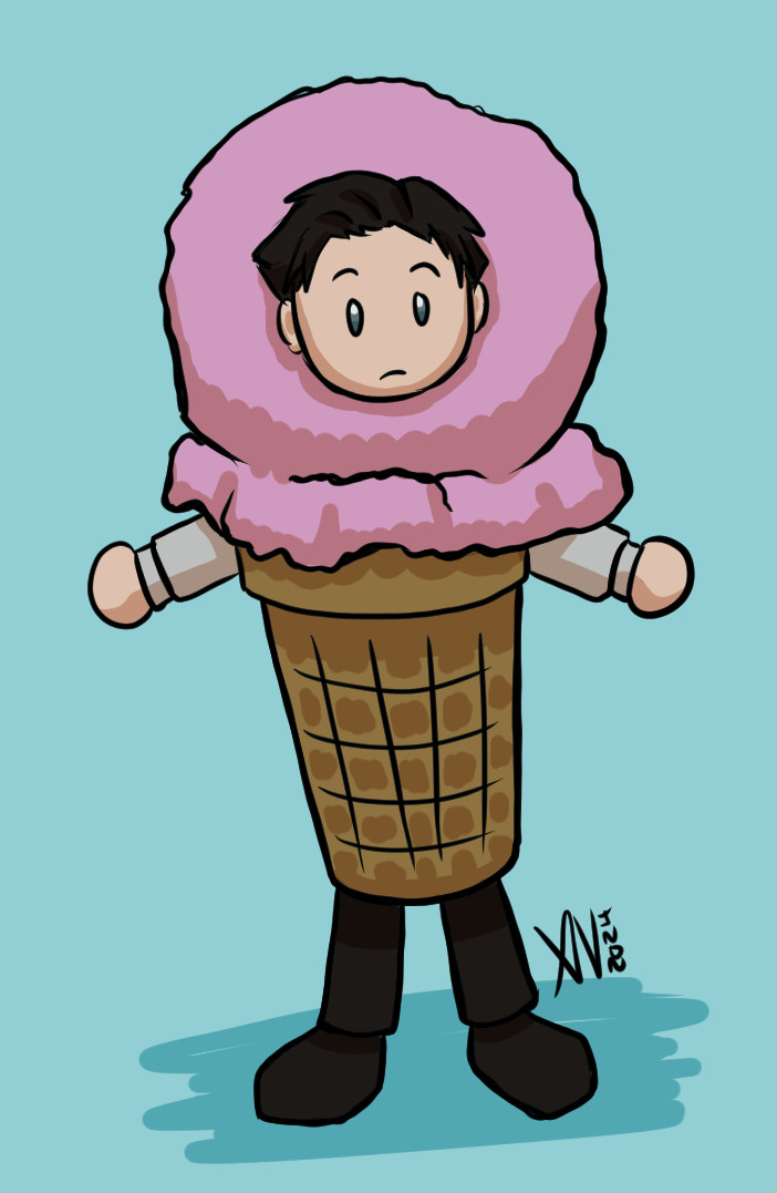 Sherlock Holmes from Frogwares Sherlock Holmes the Awakened (2023) dressed up as an ice cream cone like a character mascot costume. He look confused to be wearing this. The ice cream is pink colored with a waffle cone. 