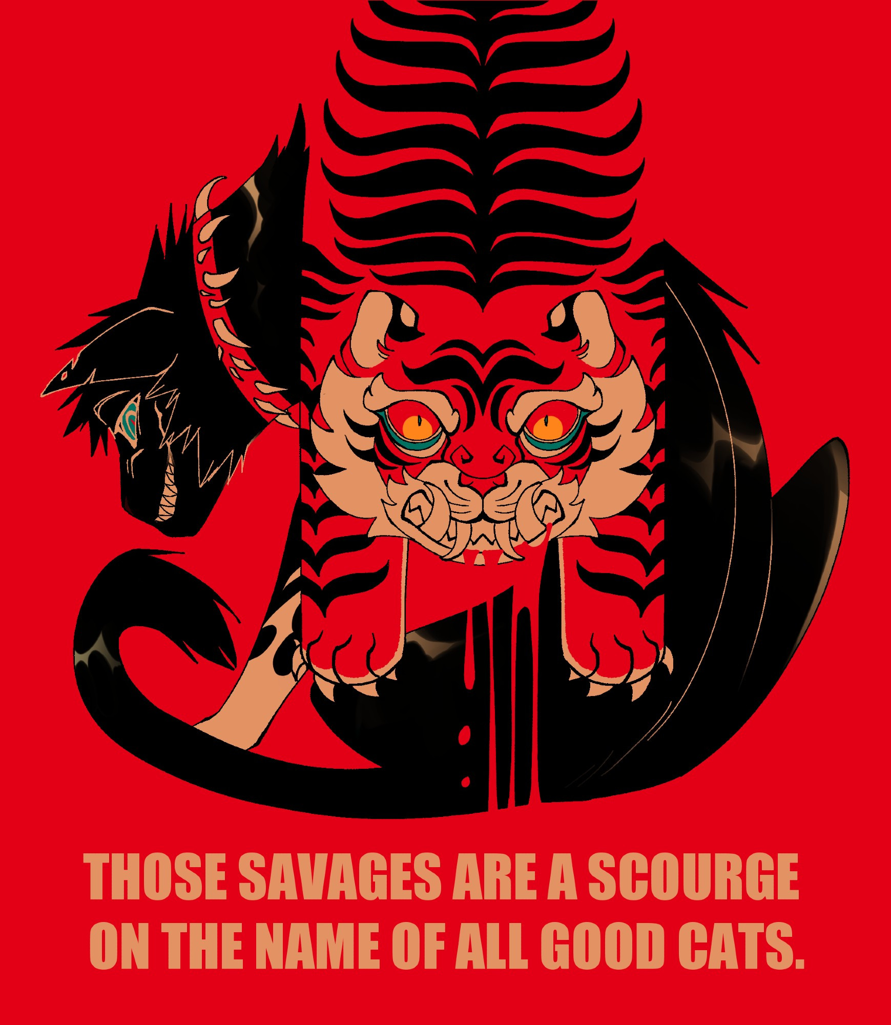 Scourge crouched with a wicked smile on a red background. In front of the composition is a stylized hanging tiger pelt. Below Scourge reads "those savages are a scourge on the name of all good cats."