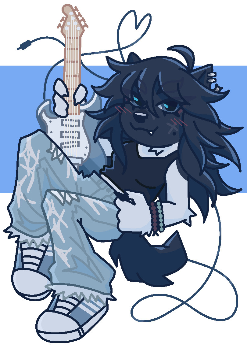 Chibi of my fursona, August (american akita). They are holding a guitar!