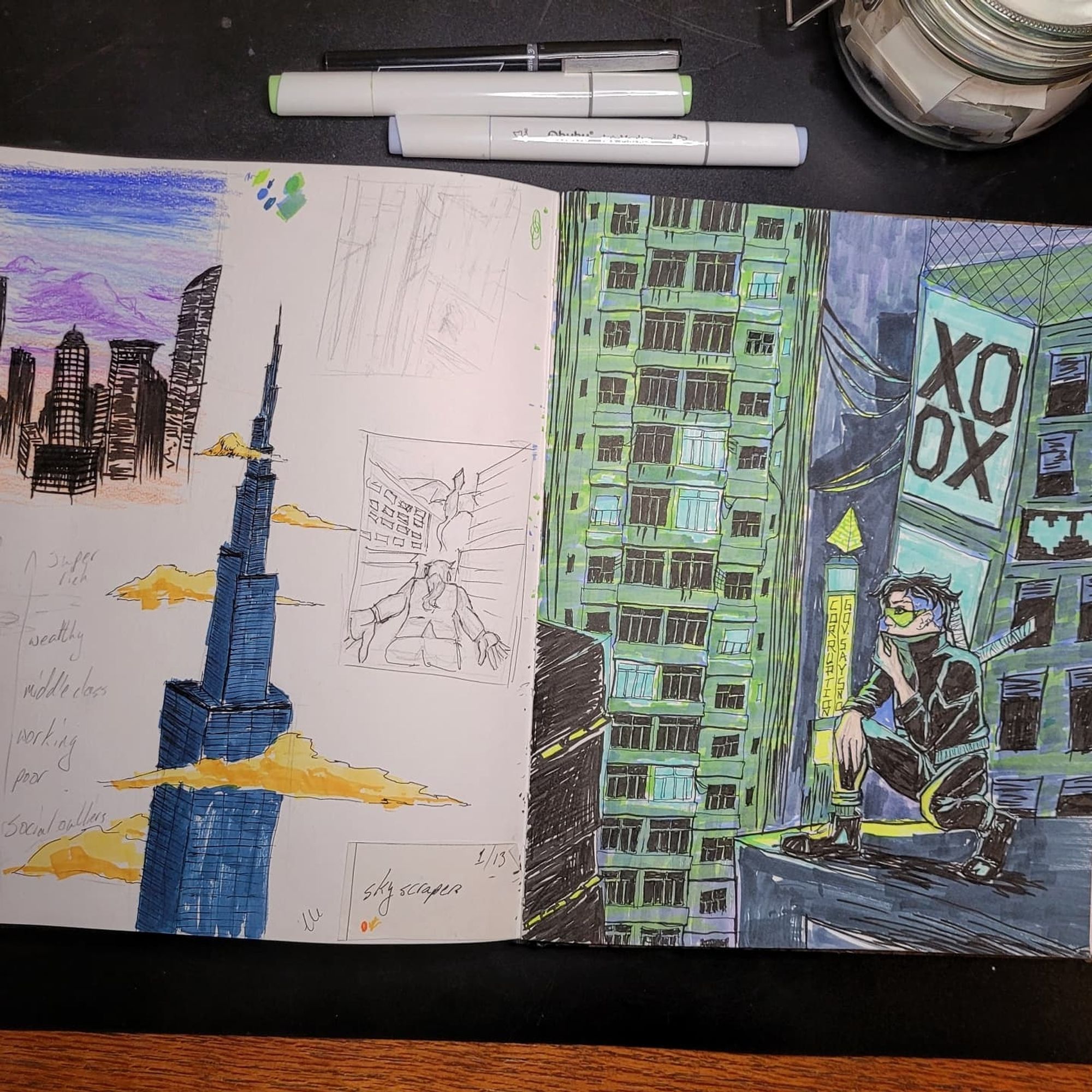 Sketchbook spread, the left page is a series of different drawings of skyscrapers, the right is a scene of a cyberpunk character kneeling, surrounded by skyscrapers