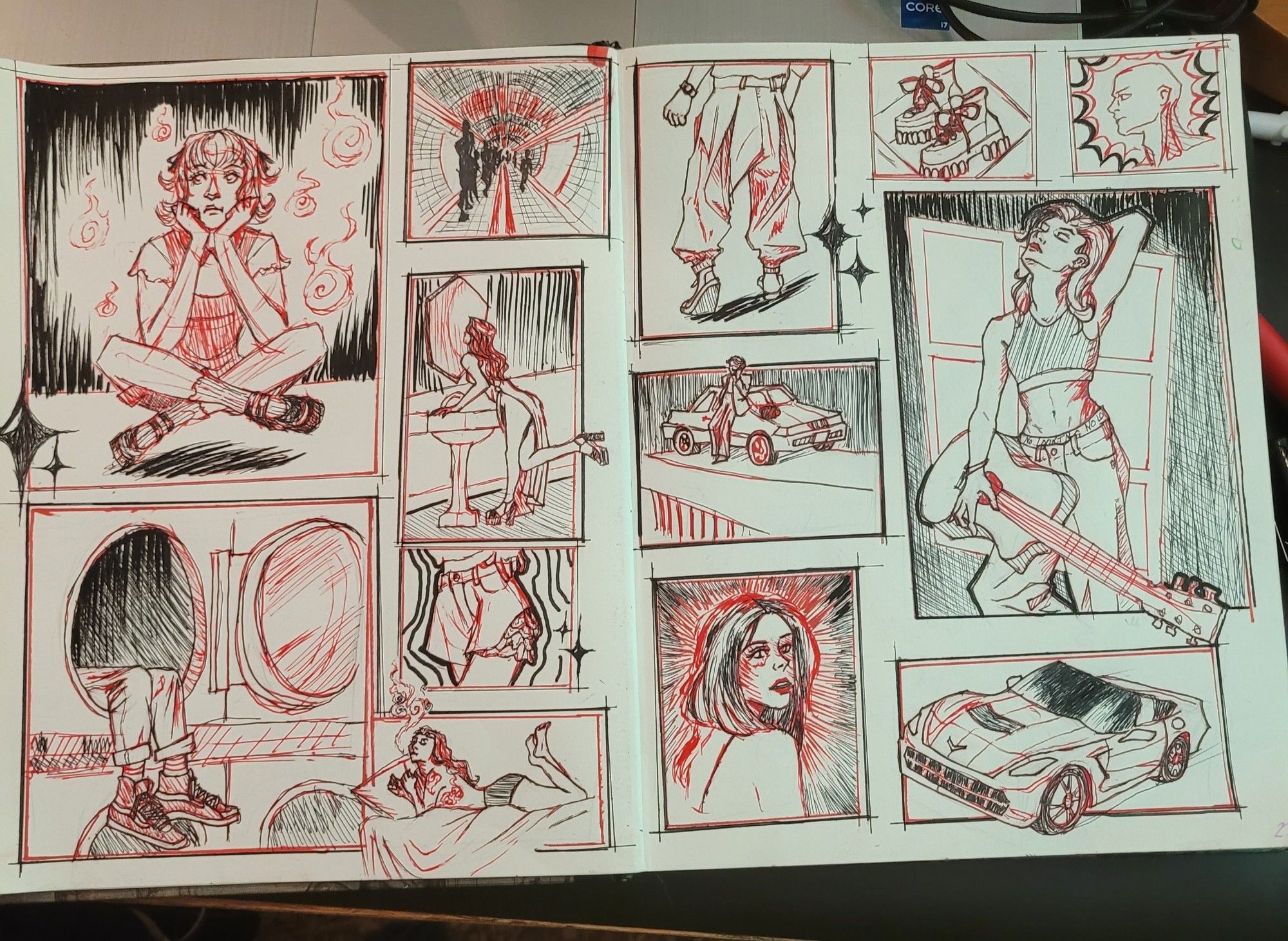 Another pinterest inspired sketchbook spread with several smaller images arranged in square frames