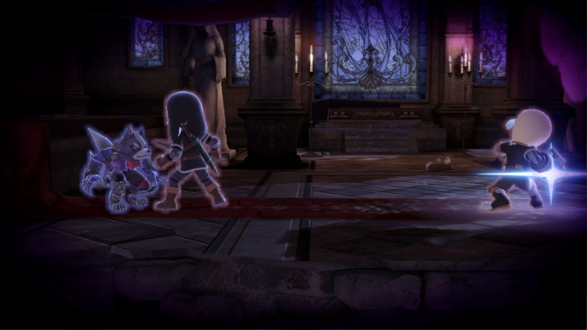 Mii Swordfighter Ozzy Osbourne and Mii Gunner Rob Halford corner Wolf on the Dracula's Castle stage.