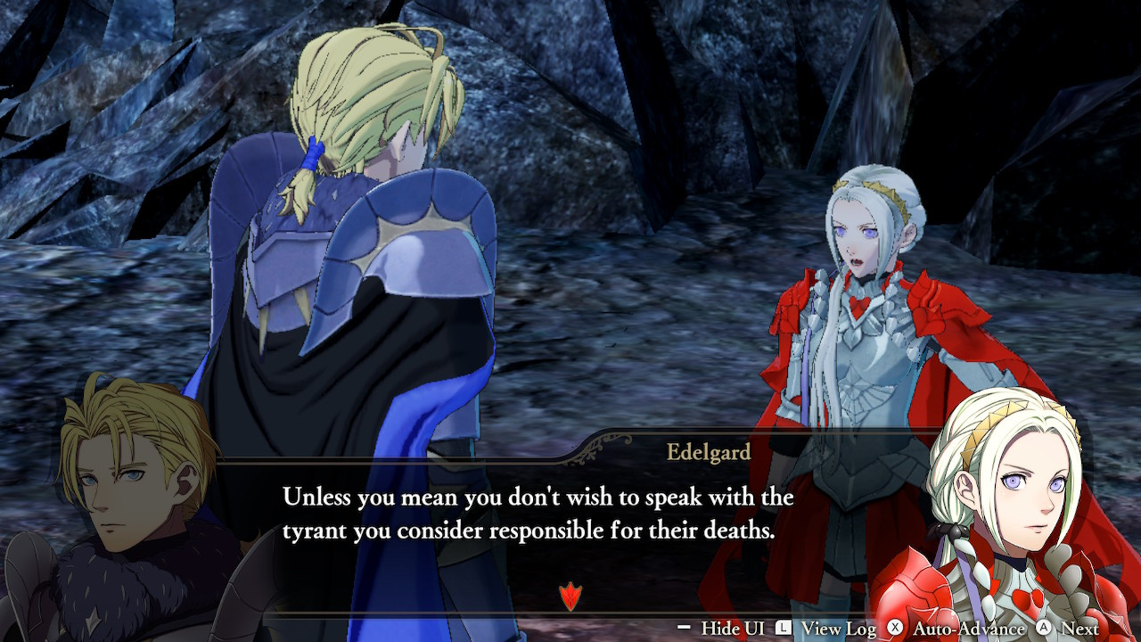 Edelgard states to Dimitri, "Unless you mean you don't wish to speak with the tyrant you consider responsible for their deaths."