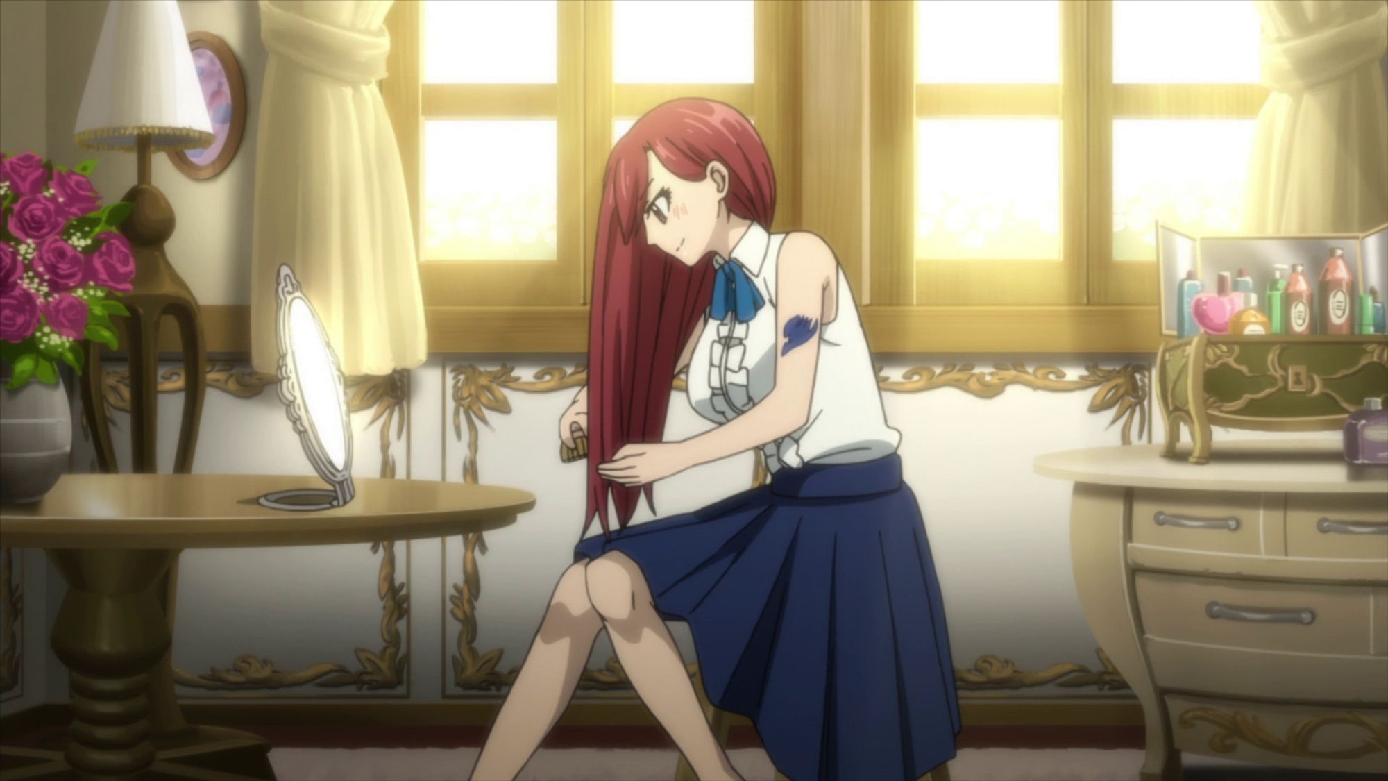 Erza Scarlet is sitting on a stool in Fairy Tail, brushing her hair.