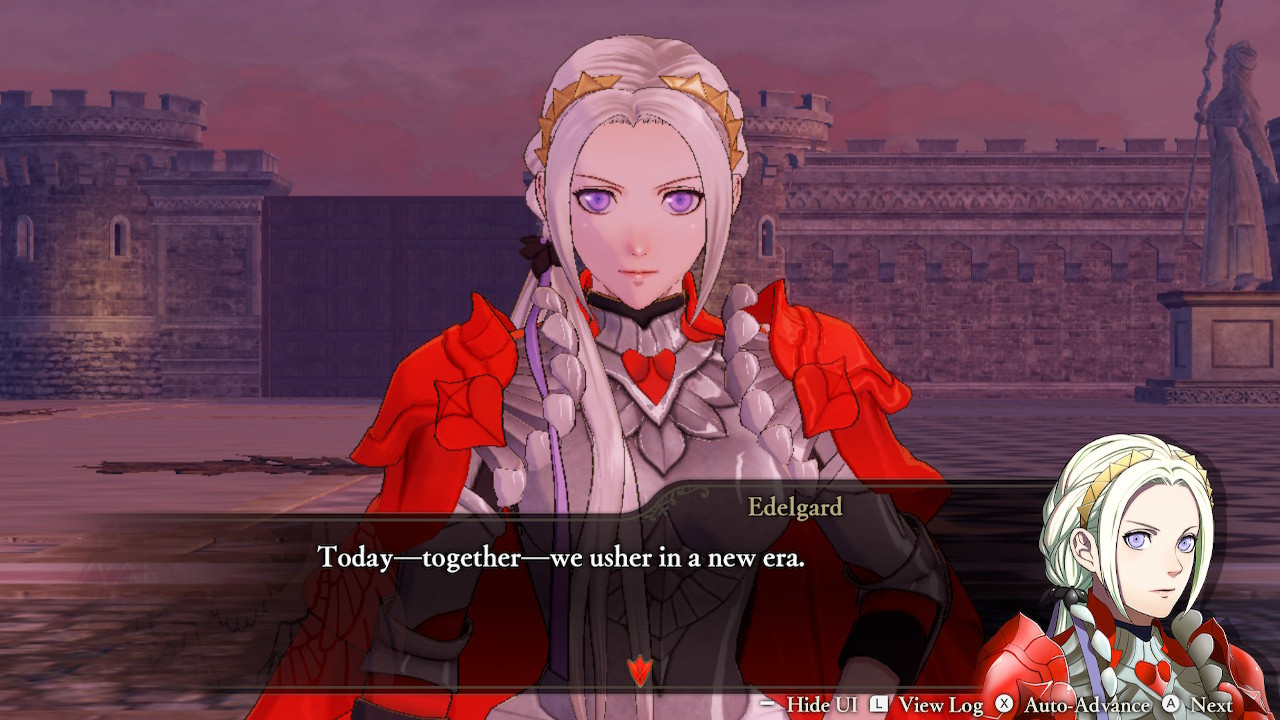 Edelgard continues her speech, "Today--together--we usher in a new era."