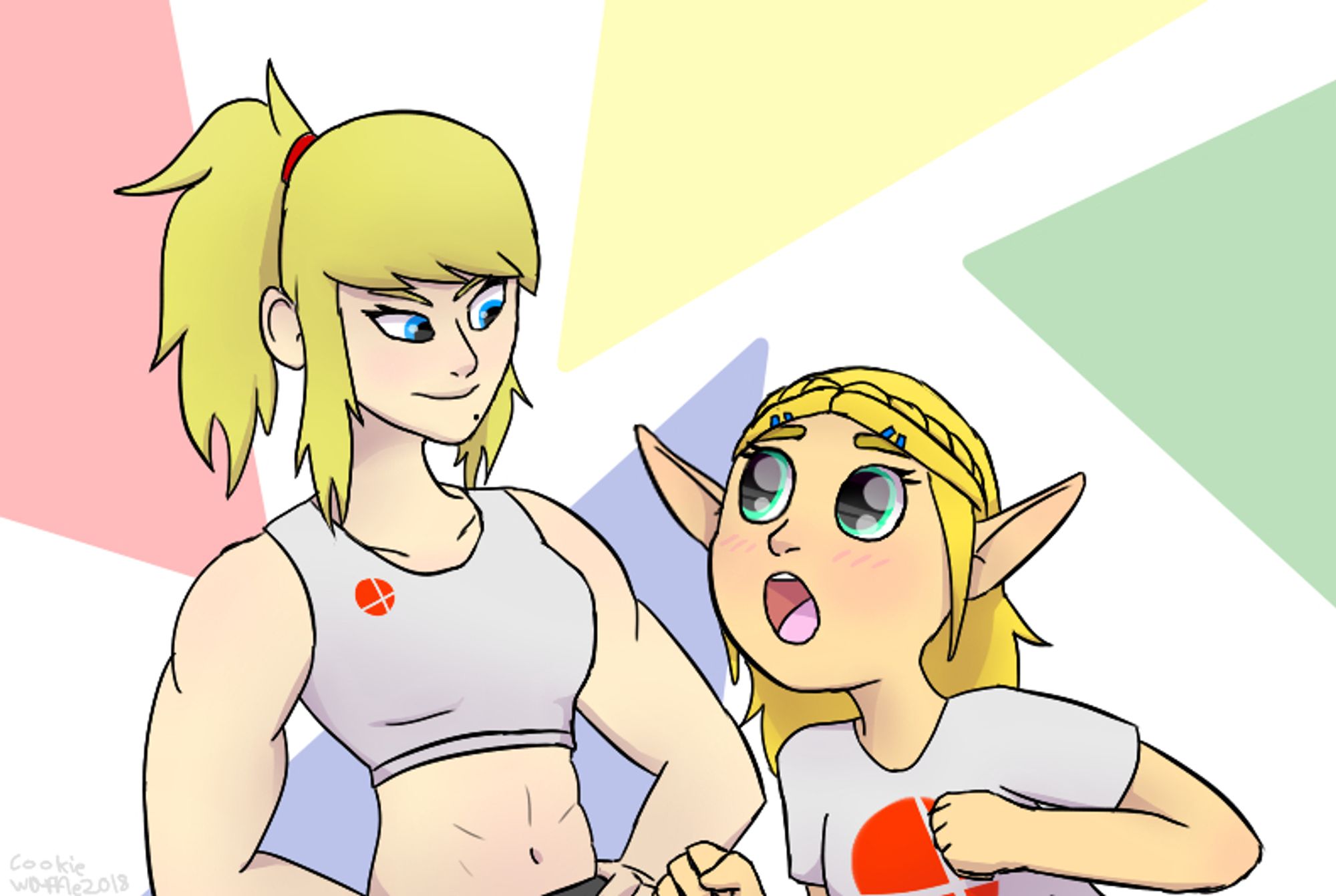 Zero Suit Samus flexes in a tank top, impressing Zelda, who is shorter and in a T-shirt.