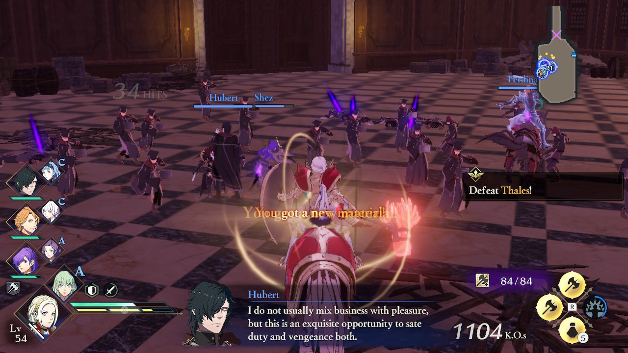 Edelgard, Hubert, Shez and Ferdinand gather to fight Thales, Hubert saying, "I do not usually mix business with pleasure, but this is an equisite opportunity to sate duty and vengeance both."