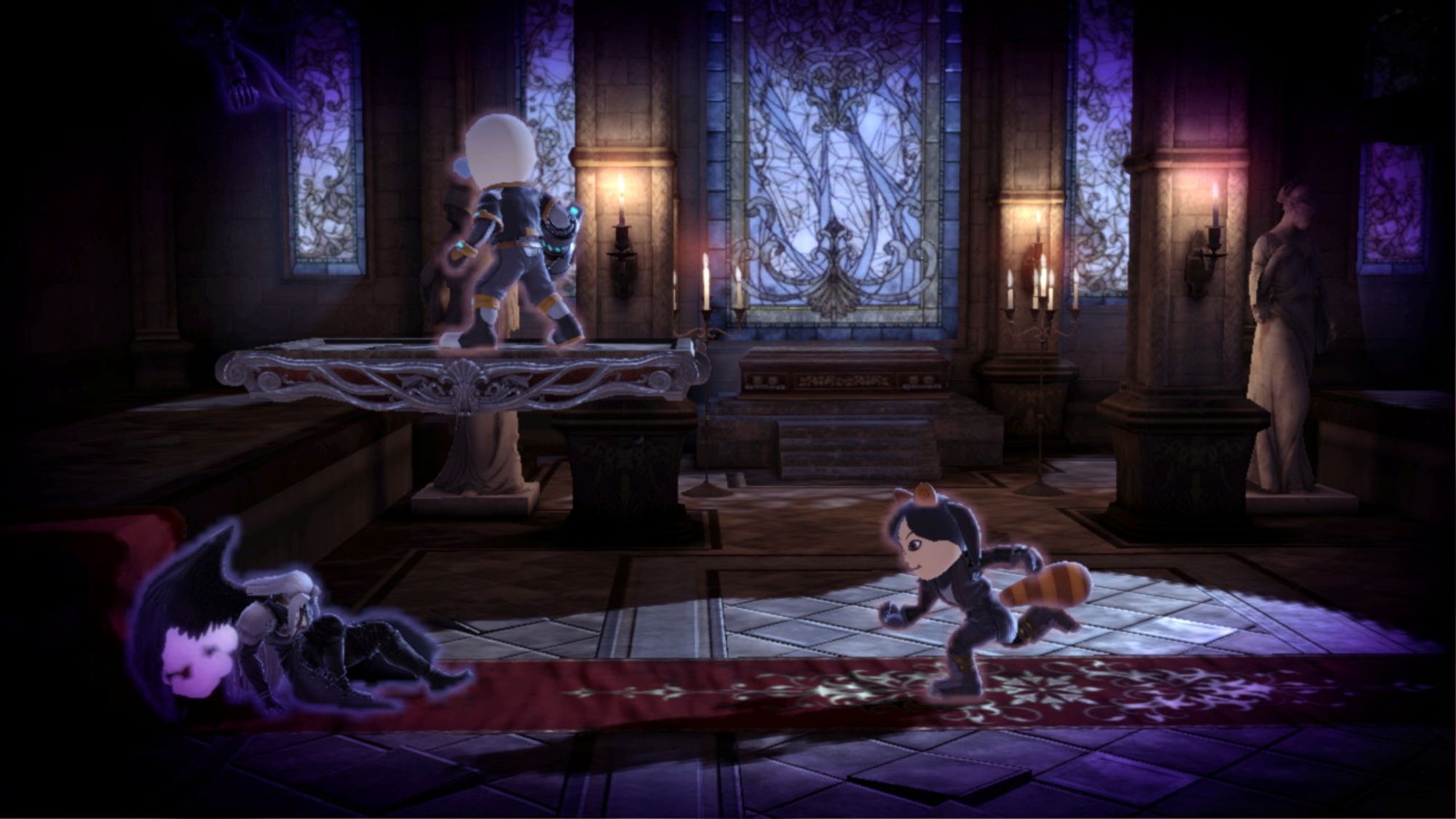 Mii Gunner Rob Halford stands on a platform as Mii Brawler Moametal of BabyMetal heads in to fight Sephiroth, who is sitting up with his one wing out on the Dracula's Castle stage.