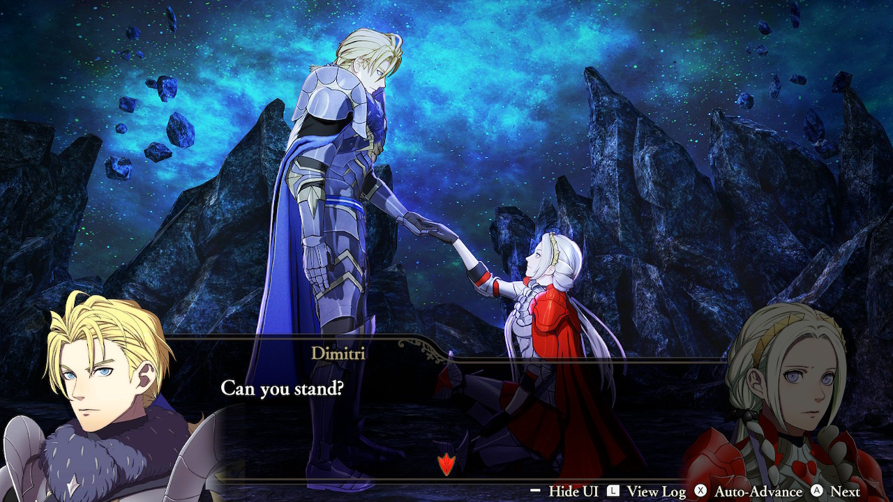 Edelgard falls after a tremor, Dimitri catches her hand.  "Can you stand?" he asks.