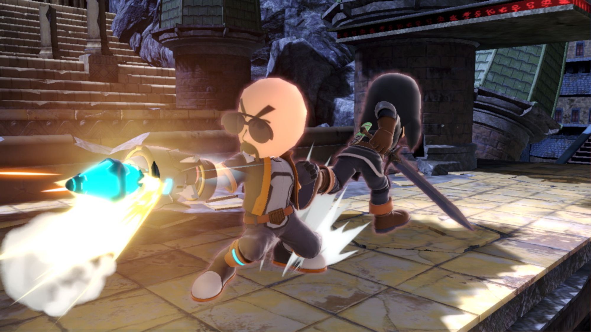 Mii Gunner Rob Halford fires a missile on the Pokemon Black and White stage as Mii Swordfighter Ozzy Osbourne runs.