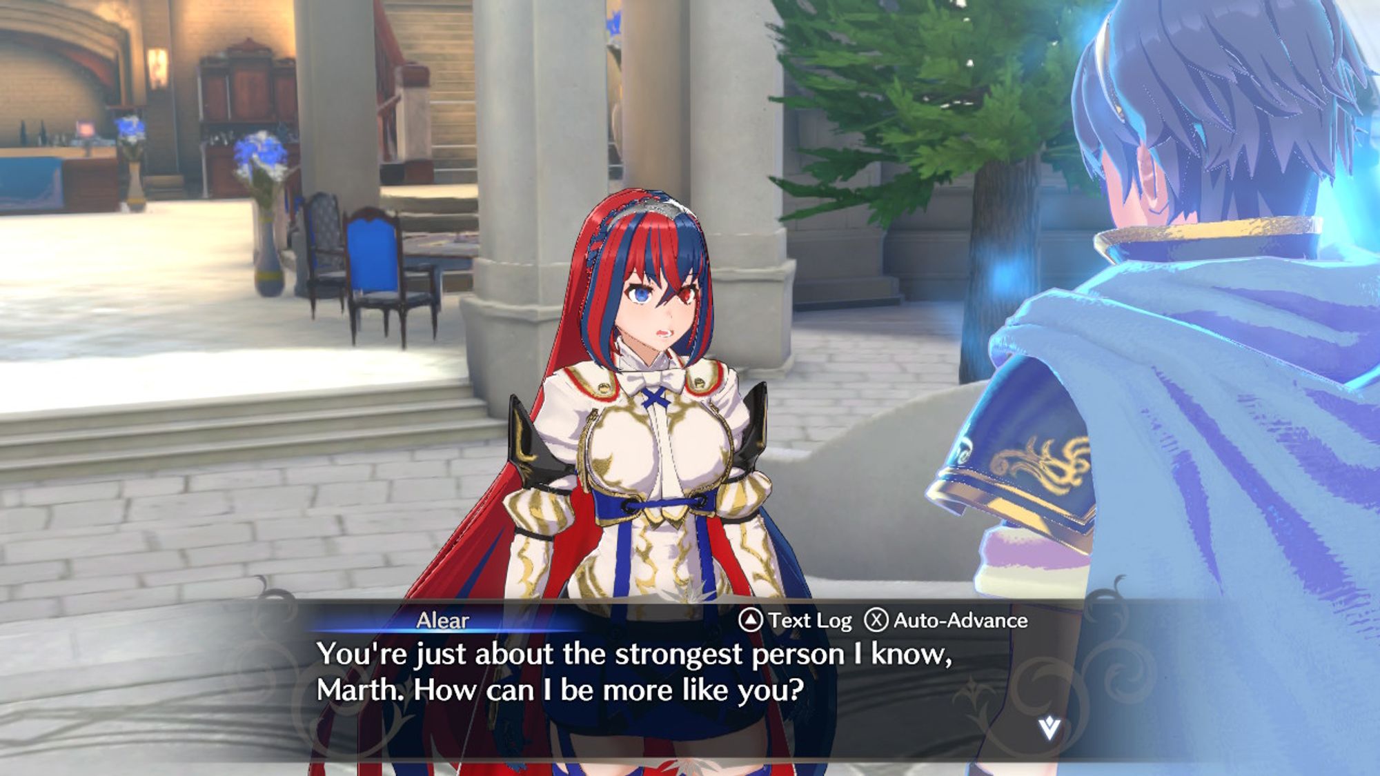 Alear says to Marth, "You're just about the strongest person I know, Marth.  How can I be more like you?"