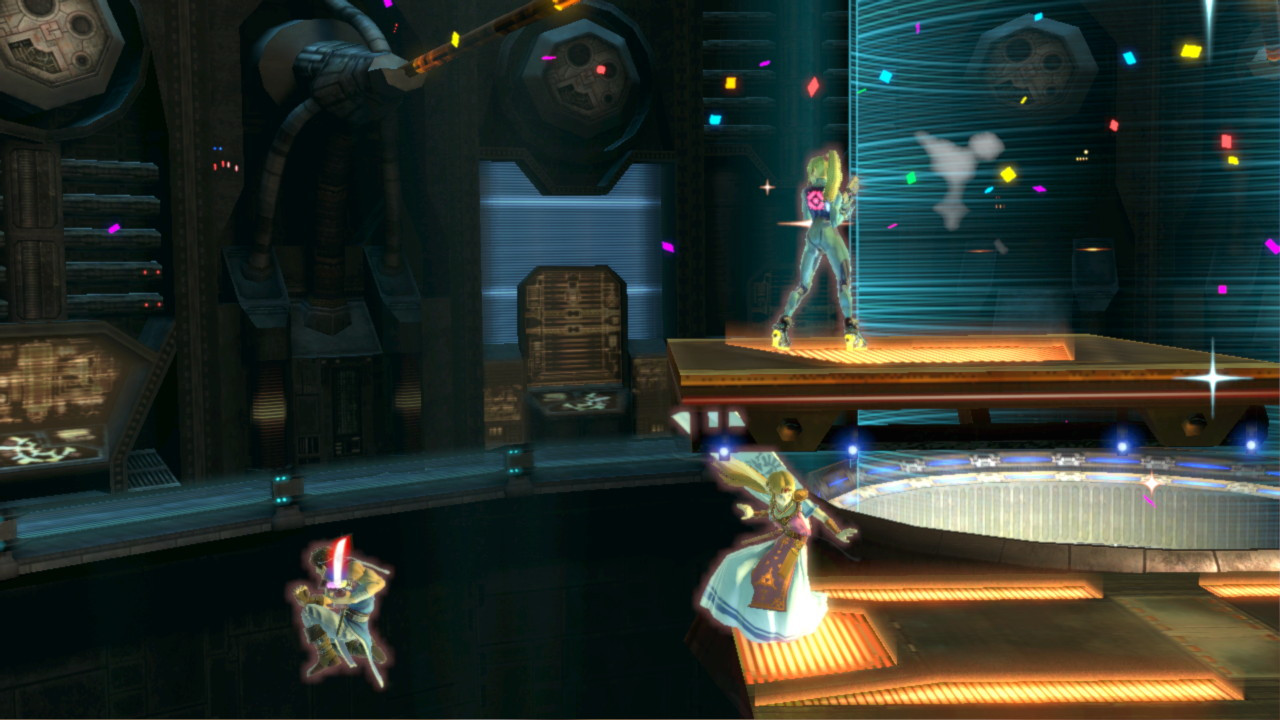 Samus stands on the platform on the space station, Zelda just below her and Richter leaping out with a beam sword.  A foe has just been KO'd, so confetti is visible.