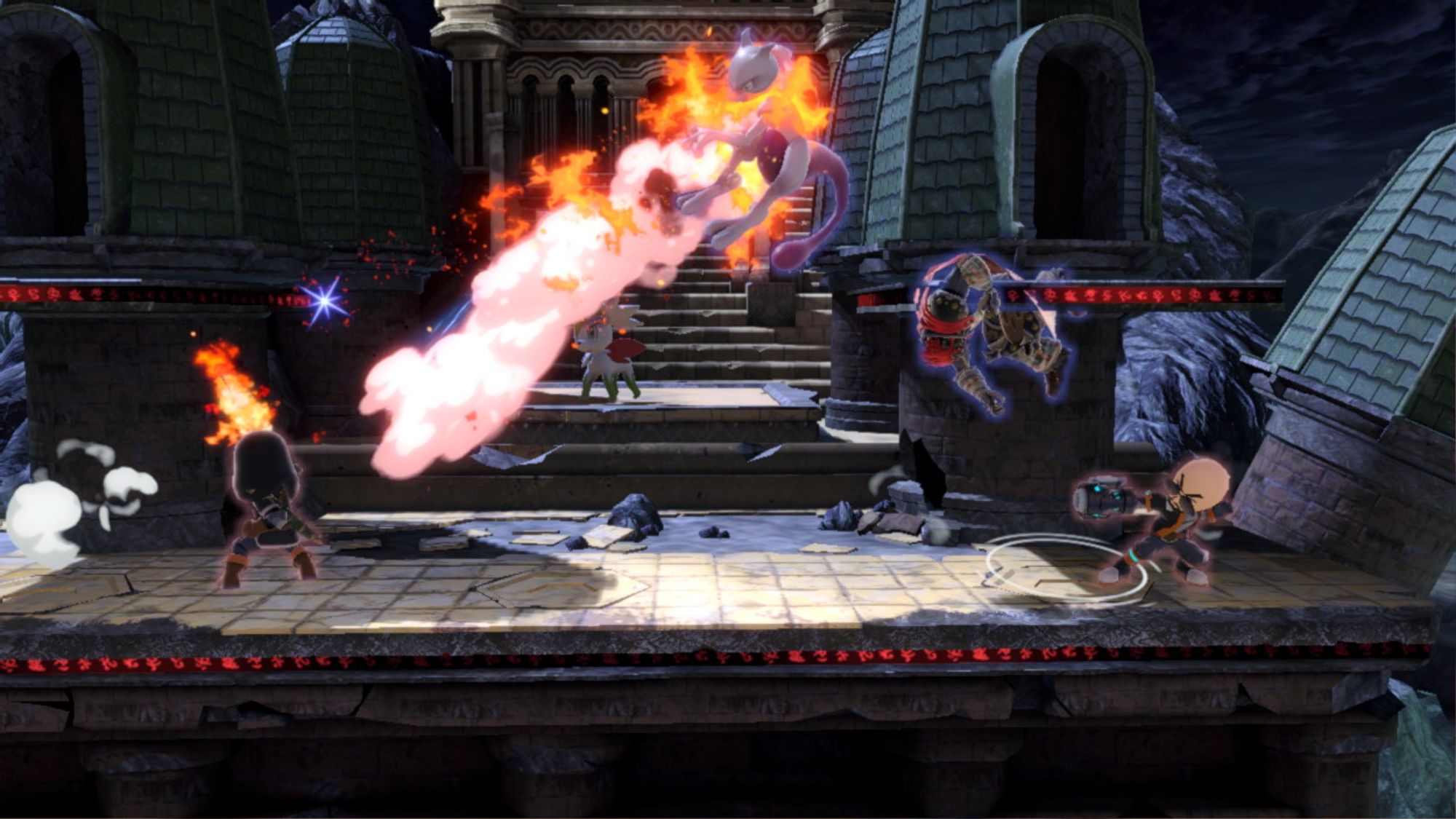 Mii Swordfighter Ozzy Osbourne uses a flaming sword on Mewtwo on the Pokemon Black and White stage while Ganondorf comes down after Mii Gunner Rob Halford.  Shaymin is in the background.