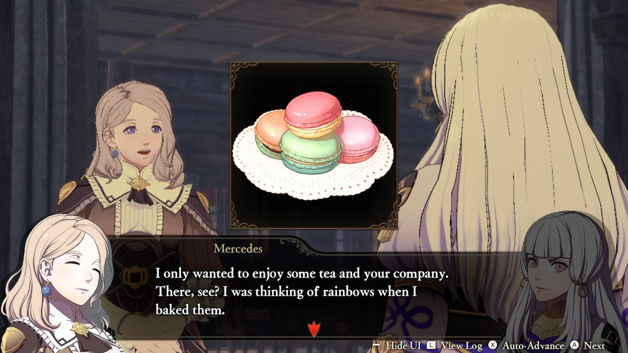 Mercedes hands Lysithea some Macaroons and says "I only wanted to enjoy some tea and your company.  There, see?  I was thinking of rainbows when I baked them."