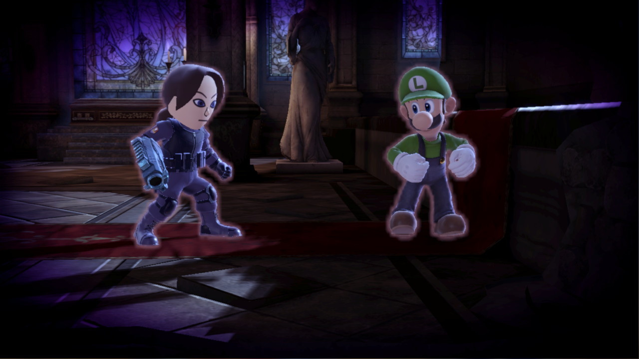 Mii Gunner Jill Valentine and Luigi stand close to each other on the Dracula's Castle stage.