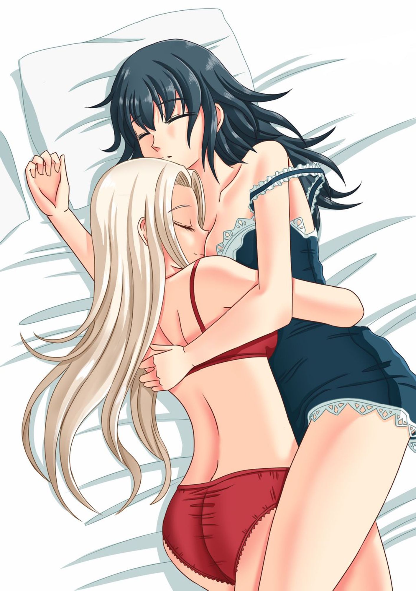 Sleeping Edelgard and Byleth in their underwear, Byleth hugging Edelgard so her face is in her cleavage.  Edelgard hugs back.