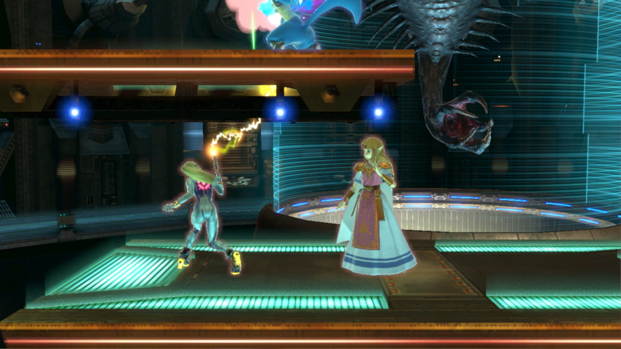 Zero Suit Samus retracts her paralyzer on the Space Station and Zelda stands behind her.