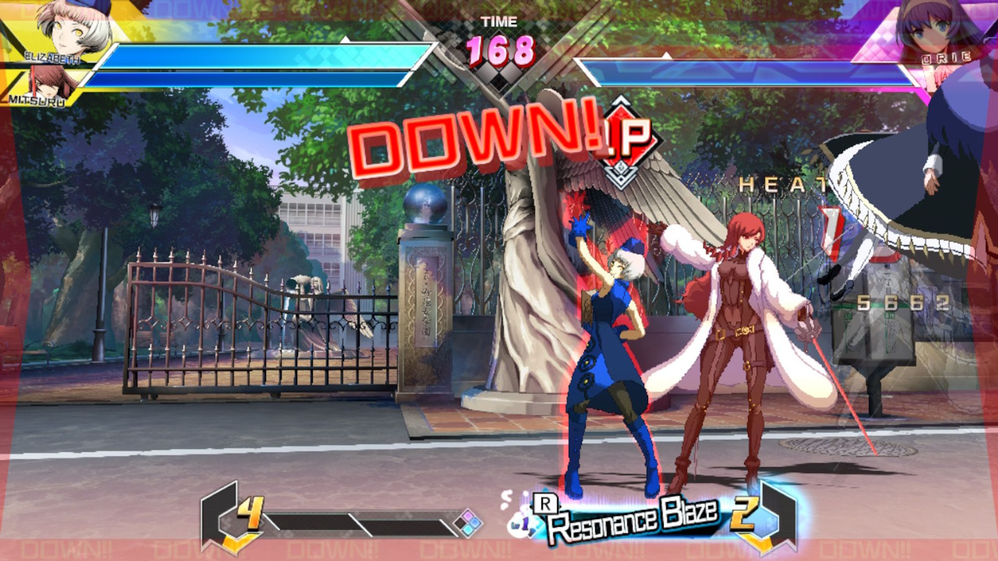 Mitsuru Kirijo and Elizabeth knocking out Orie in Blazblue CrossTag Battle.