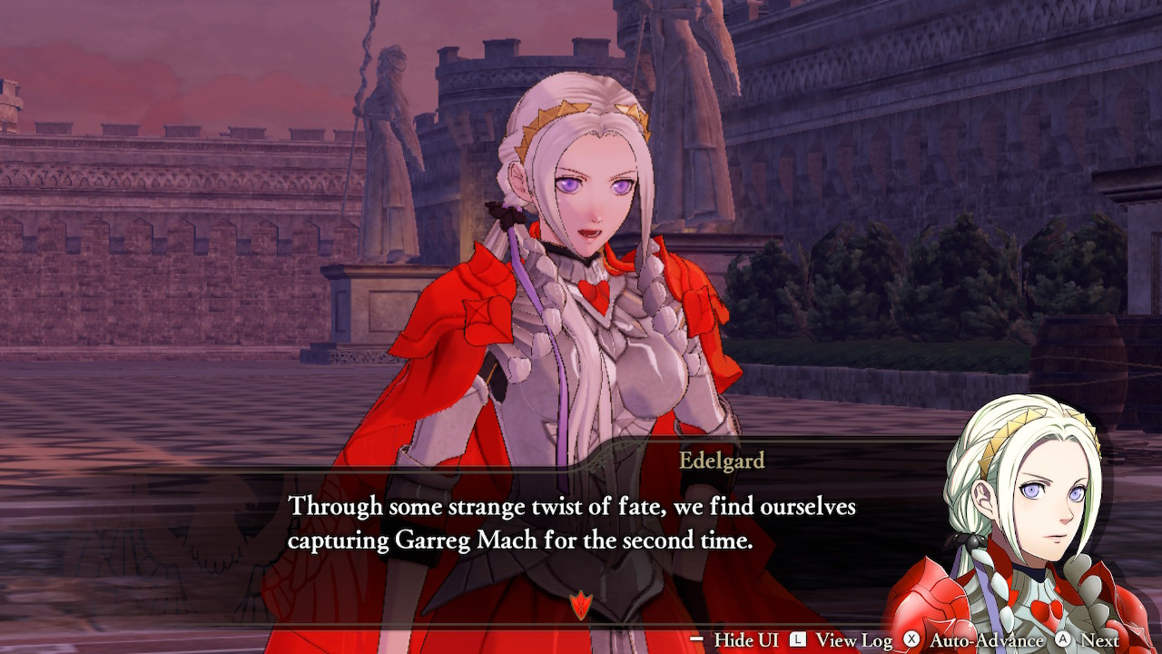 Edelgard says, "Through some strange twist of fate, we find ourselves capturing Garreg Mach for the second time."