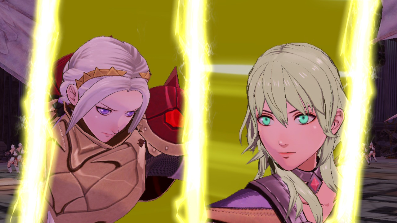 Edelgard and Byleth ready a double special attack.