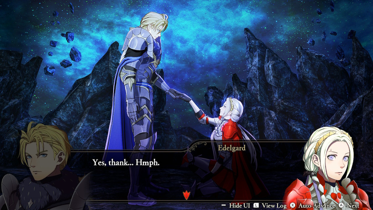 "Yes, thank... Hmph." replies Edelgard.