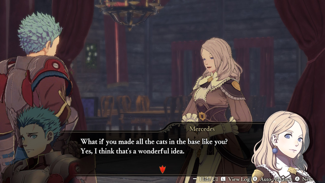 Mercedes tells Caspar, "What if you made all the cats in the base like you?  Yes, I think that's a wonderful idea."  Caspar's best Supports are with Annette and Mercedes in Houses and Hopes, respectively.