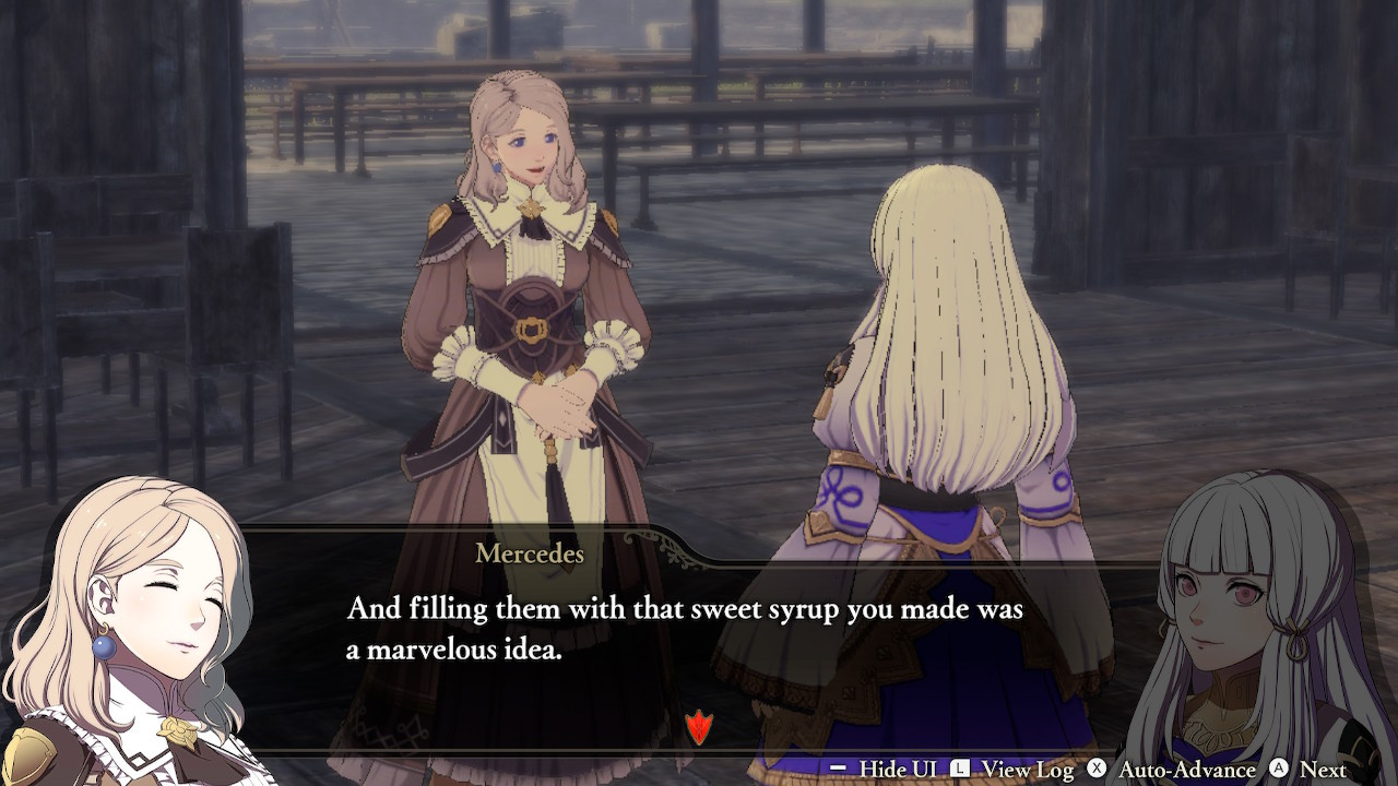 Mercedes tells Lysithea, "And filling them with that sweet syrup you made was a marvelous idea."