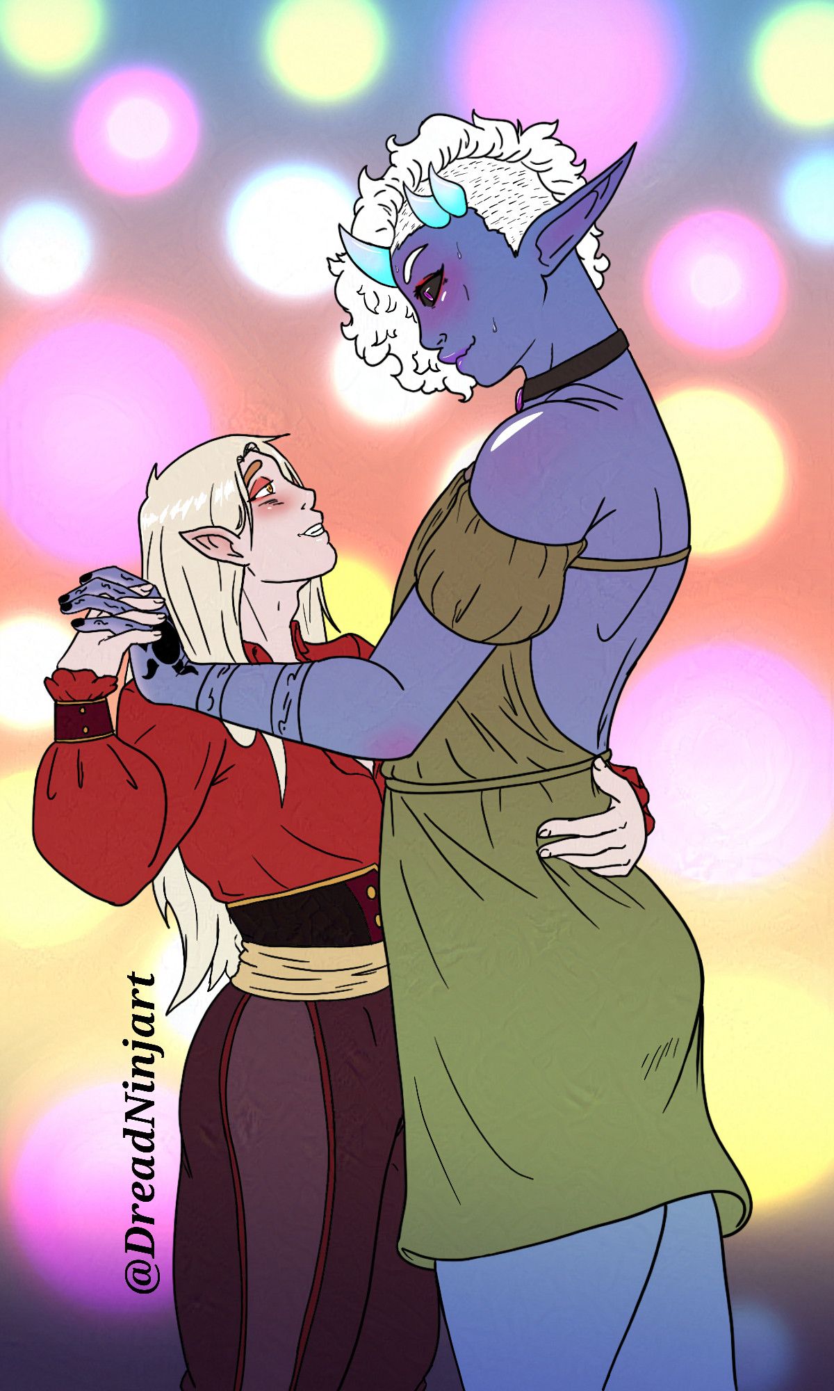 OC Sloan(they/them) Tall blue winter fey in a green dress dancing with their boyfriend, Ithildan. A short blonde half-elf wearing a red tunic.
Sloan is my OC and Ithildan is my partner's.

Lore: This dance is during the wedding of their party of their party member Alice. Sloan is 6'9"