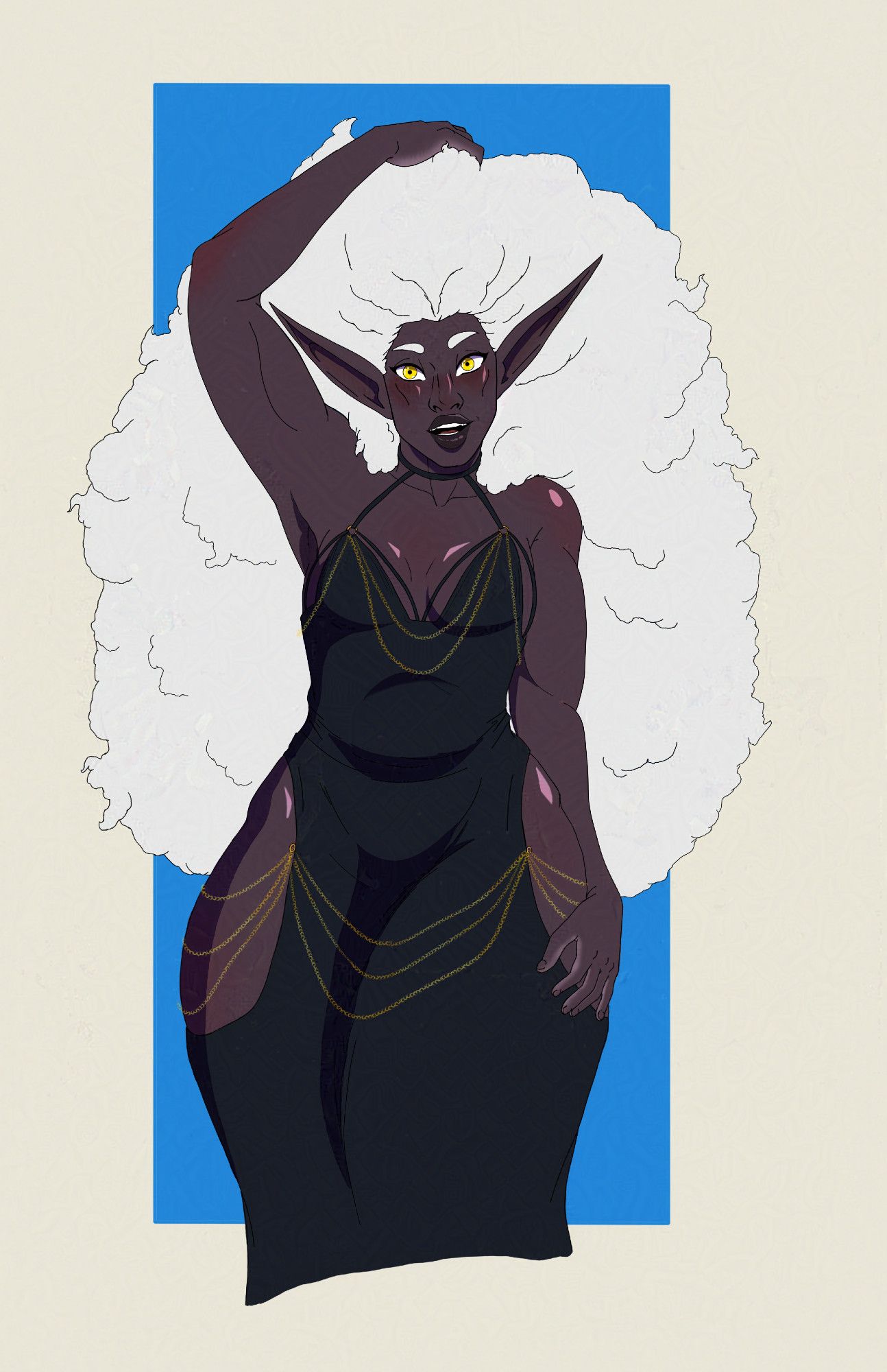 Digital art. A drow elf in a black dress with hip windows. Long kinky hair down to her hips