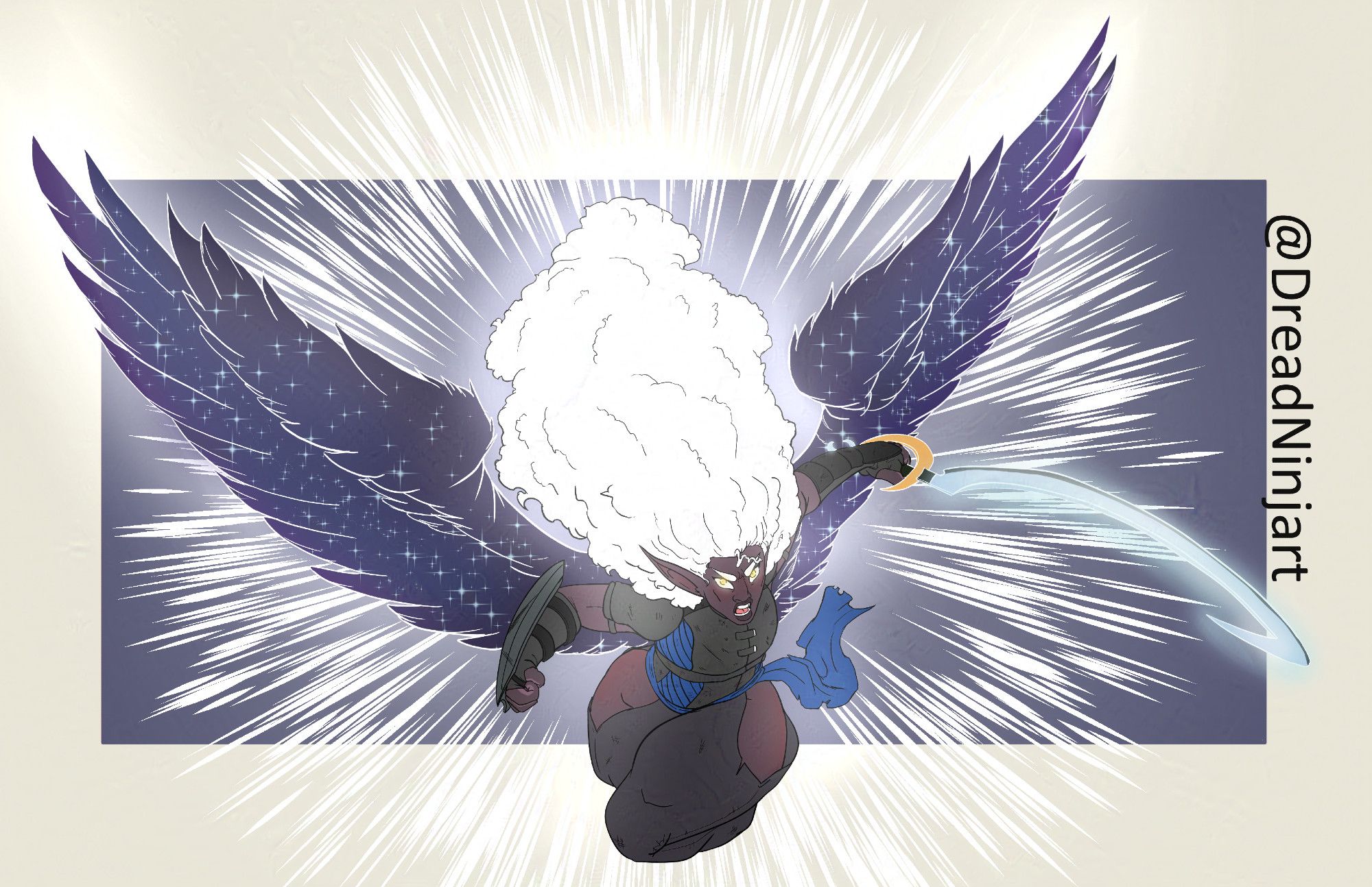 Digital art. OC Zarra a Drow Bardlock. White kinky hair billowing behind her. Holding a glowing Crescent Sword. With dark feathered wing with stars glittering in them.
 
Lore: Shapechange was one of the last spells Zarra learned that let her take the form of an angel in the last battle of the campaign, she's 10 ft tall in this form