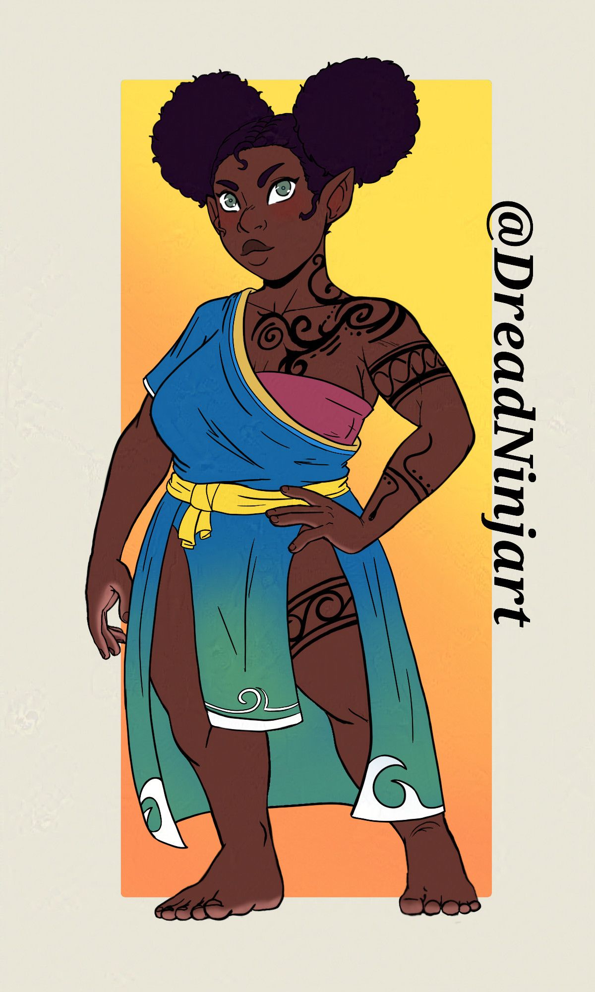 Digital Character art. Original Character. Halfling Monk. Brown Skin, hair in puffballs. Black swirling spiral tattoos on the left side of her chest, shoulder , arm and thigh. Wearing blue layered robes hanging off of right shoulder yellow belt and blue and green skirts.

Lore: Eona first tattoo was the serpent on her forearm.