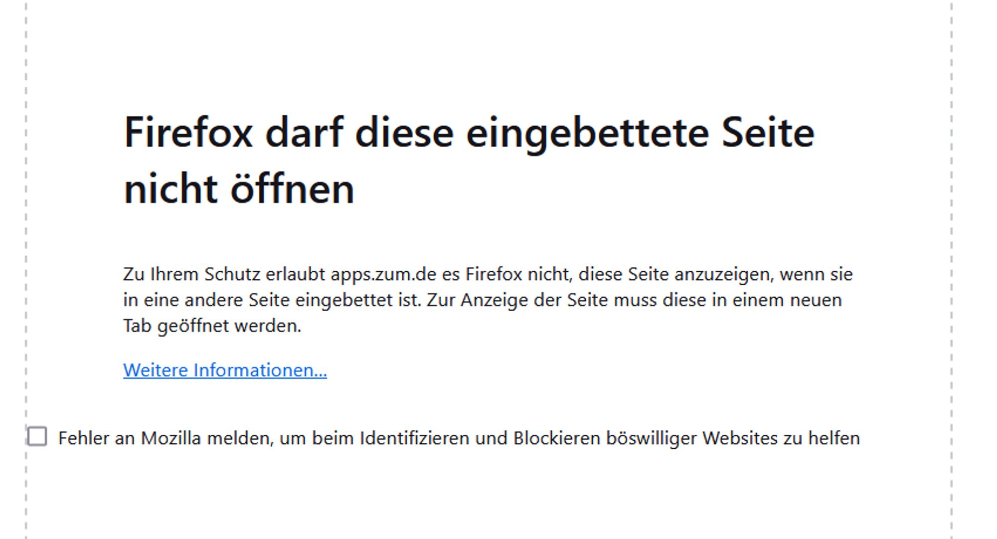 Fehlermeldung: Firefox darf diese eingebettete Seite nicht öffnen.