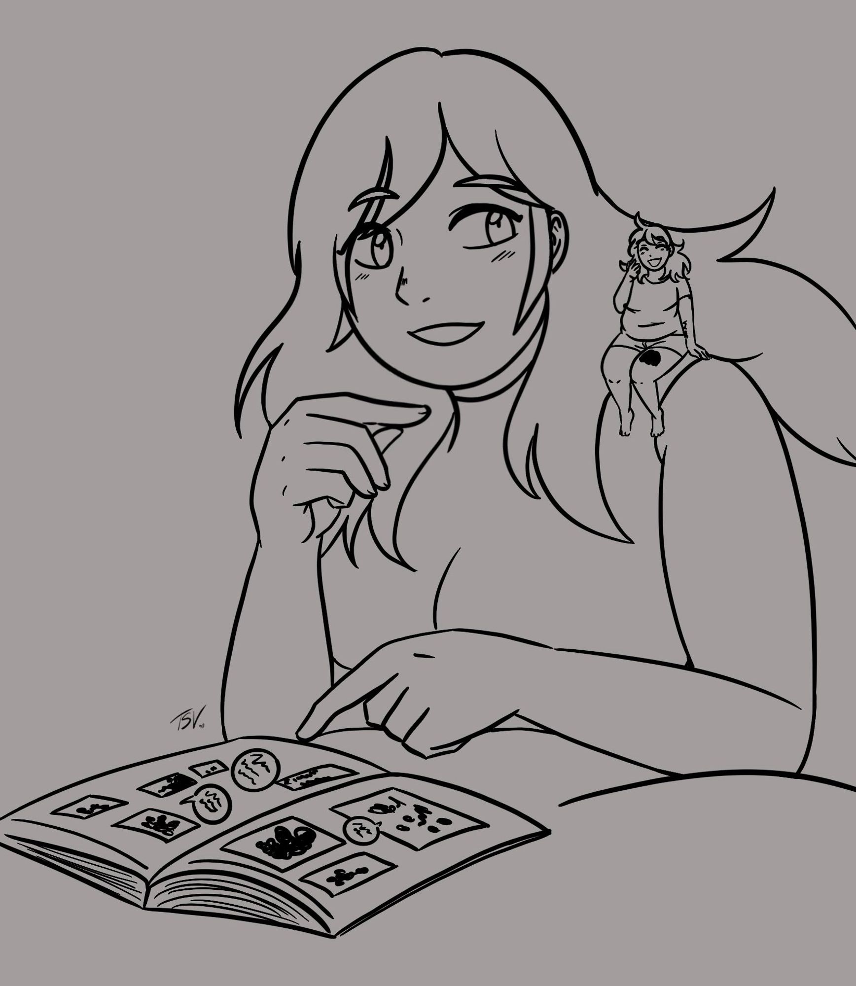 A female figure with long hair lies on a bed, leaning over a comic, On their shoulder is a smaller girl. They are both enjoying reading this comic together.