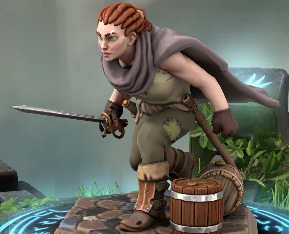 A Heroforge model of a young, thin woman dressed in shabby clothing. Her hair is dreadlocked and pulled back. She wields a rapier (right weapon this time, lol) and seems to be sneaking around. 