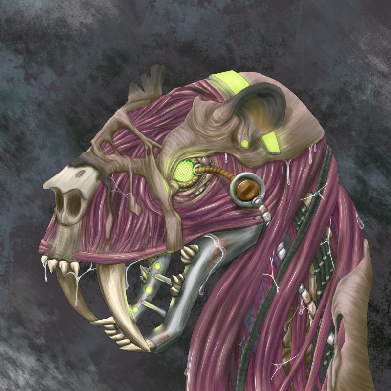 A cyborg sabre-toothed cat; most of its skin has rotted away and exposed muscle, bone, and cybertronic parts.