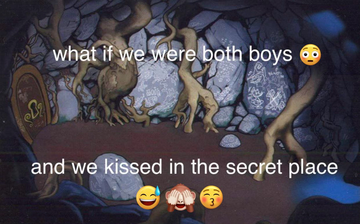 concept art of the secret place in kingdom hearts. the text on the image reads: “what if we were both boys 😳 and we kissed in the secret place 😅🙈😚”