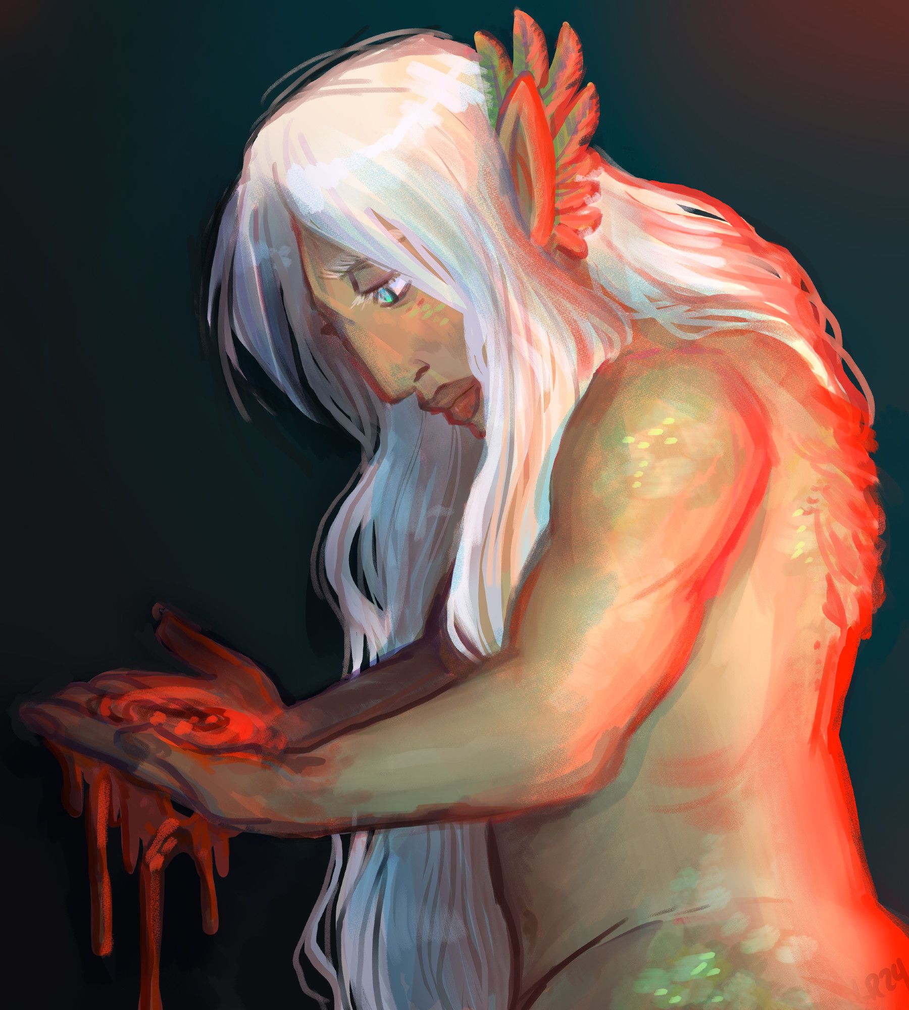 a dramatically lit image of Rivkah, an aasimar, holding blood as it slips through her fingers. her head is bowed and she has a pensive look on her face