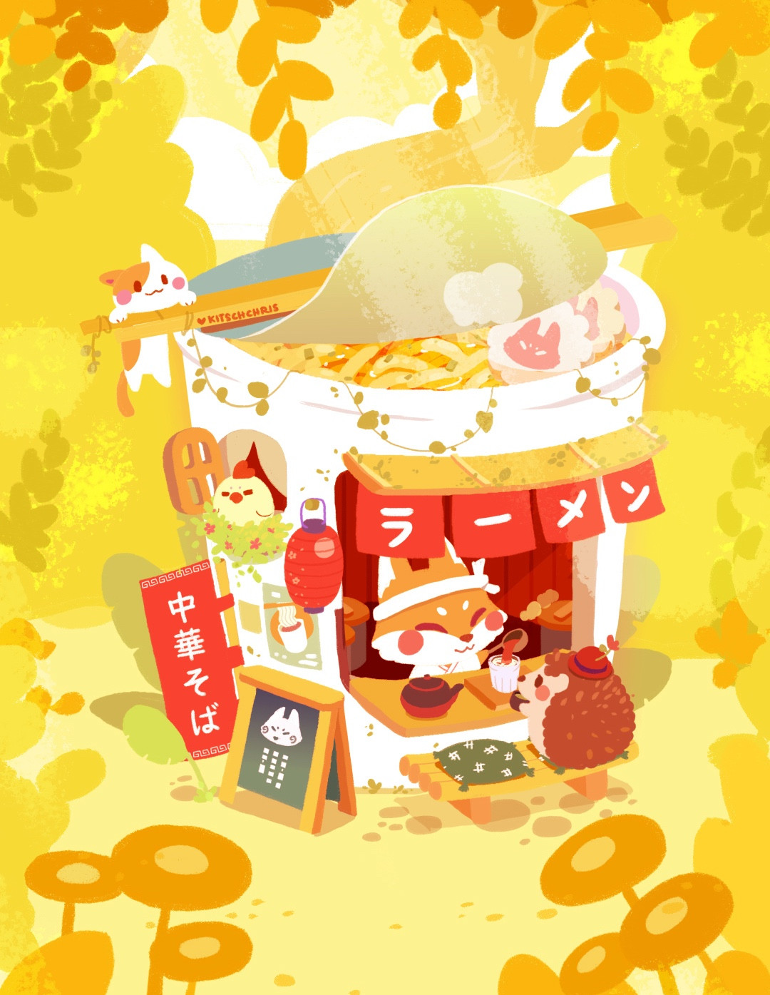 An illustration of a cup ramen-shaped shop with a food bar in a forest clearing. In the background, it is autumn season and the surrounding area is filled with yellow and gold foliage. A small anthropomorphic hedgehog, wearing a flower-adorned hat, is seated at the bar and is being served by the chef of the shop, an anthropomorphic fox, wearing a fabric headband.