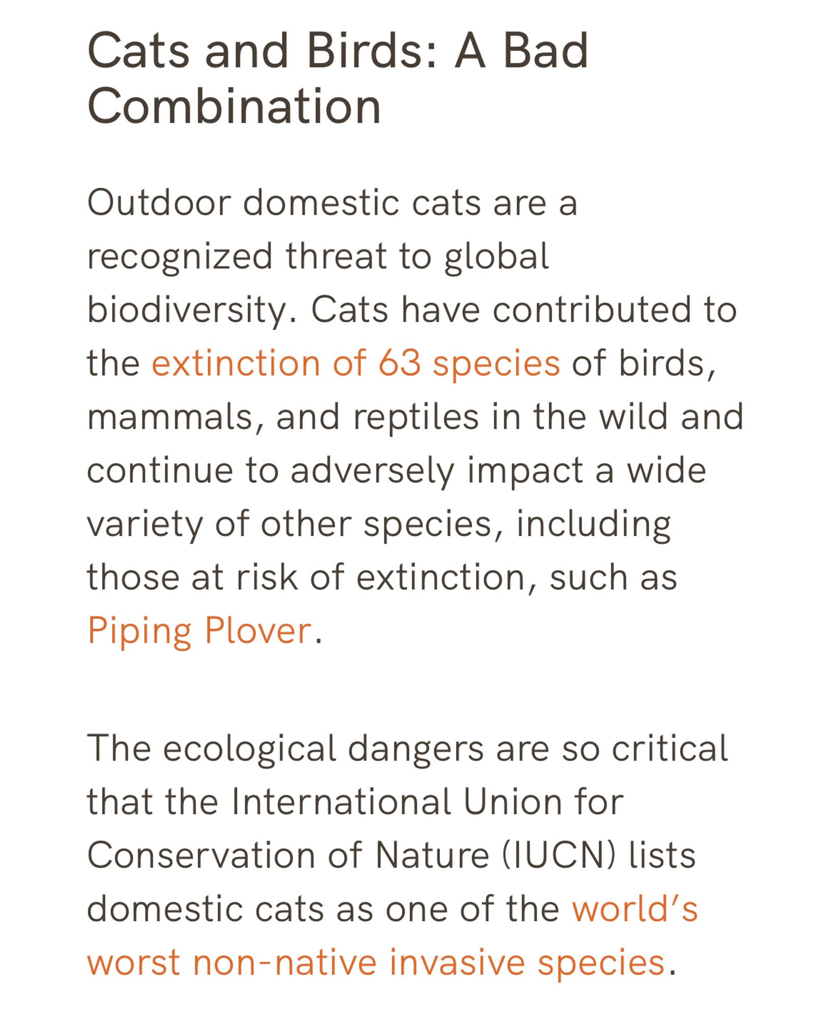 Cats and Birds: A Bad
Combination

Outdoor domestic cats are a recognized threat to global biodiversity. Cats have contributed to the extinction of 63 species of birds, mammals, and reptiles in the wild and continue to adversely impact a wide variety of other species, including those at risk of extinction, such as Piping Plover.
The ecological dangers are so critical that the International Union for
Conservation of Nature (IUCN) lists domestic cats as one of the world's worst non-native invasive species.