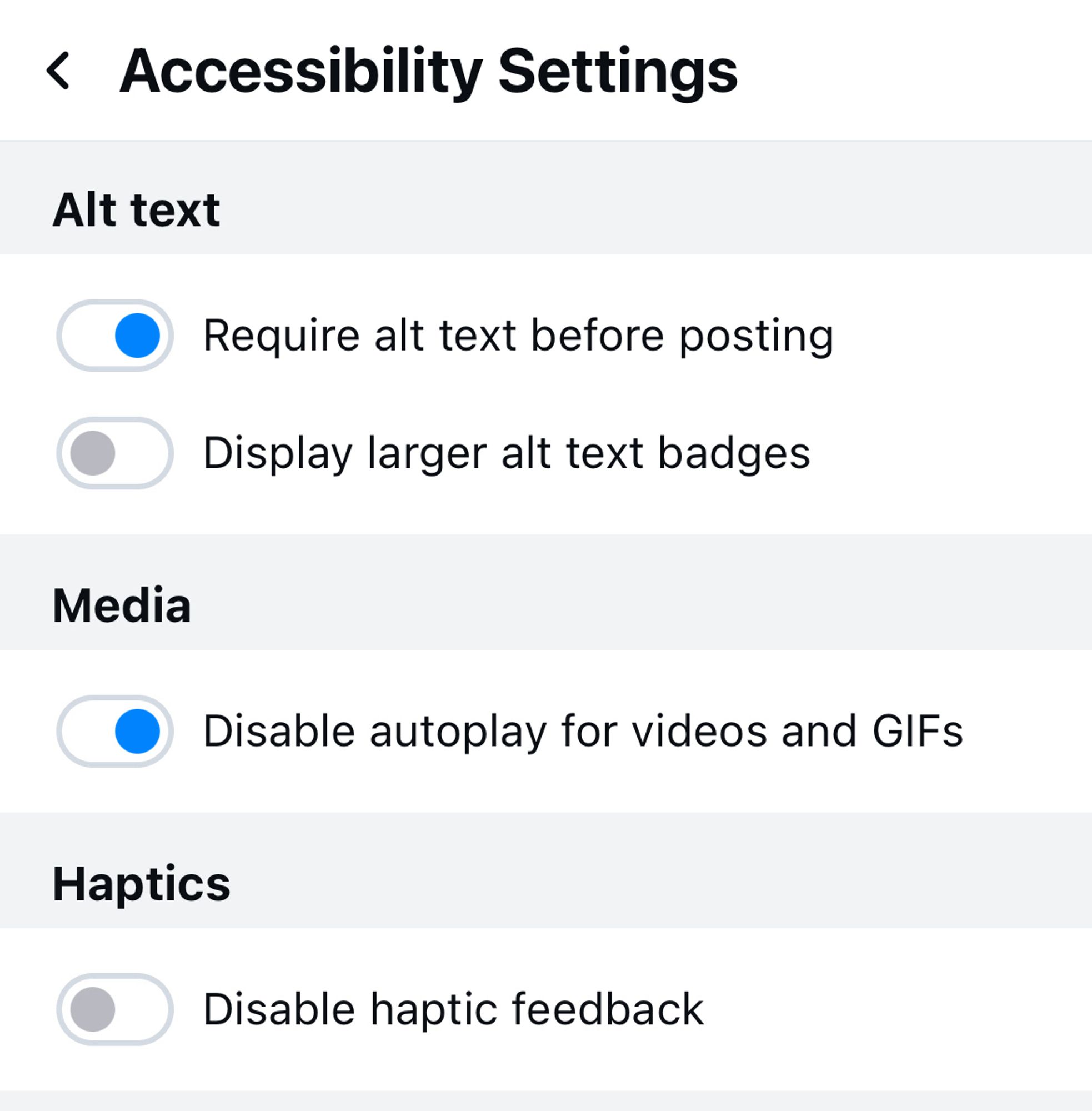 The Bluesky Accessibility Settings screen. I have toggled on “Require alt text before posting” and also “Disable autoplay for videos and GIFs”