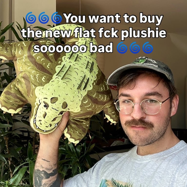 a handsome guy with the text "you want to buy a new flat fuck plushie soooo bad" on top