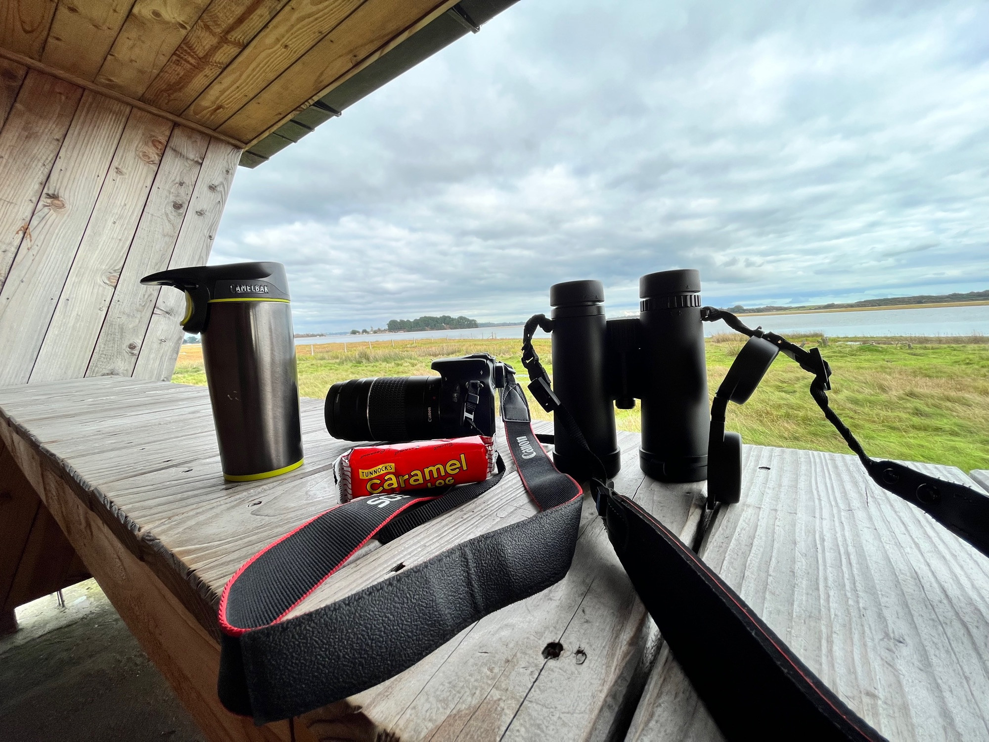 Camera, binoculars, flask of tea, chocolate bar